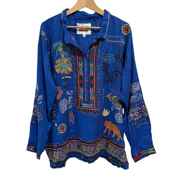 Johnny Was Biya Simmie Linen Animal Embroidered Blouse Size XL - Picture 2 of 8